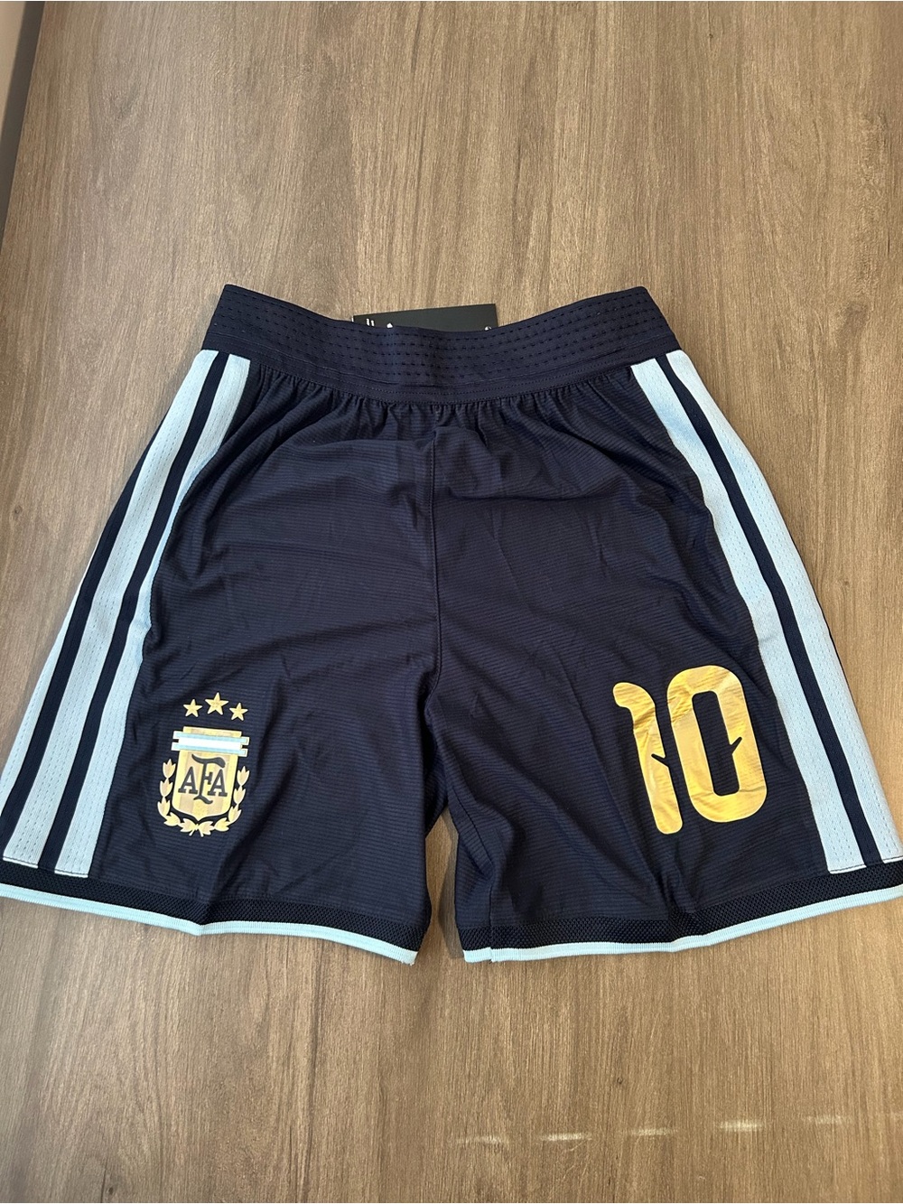 adidas Navy Athletic Shorts with Light Blue Stripes and Gold Number